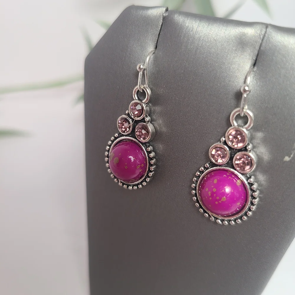 Pink Stone & Crystal Dangle Earrings – Silver Tone Boho Chic - Picture 2 of 4